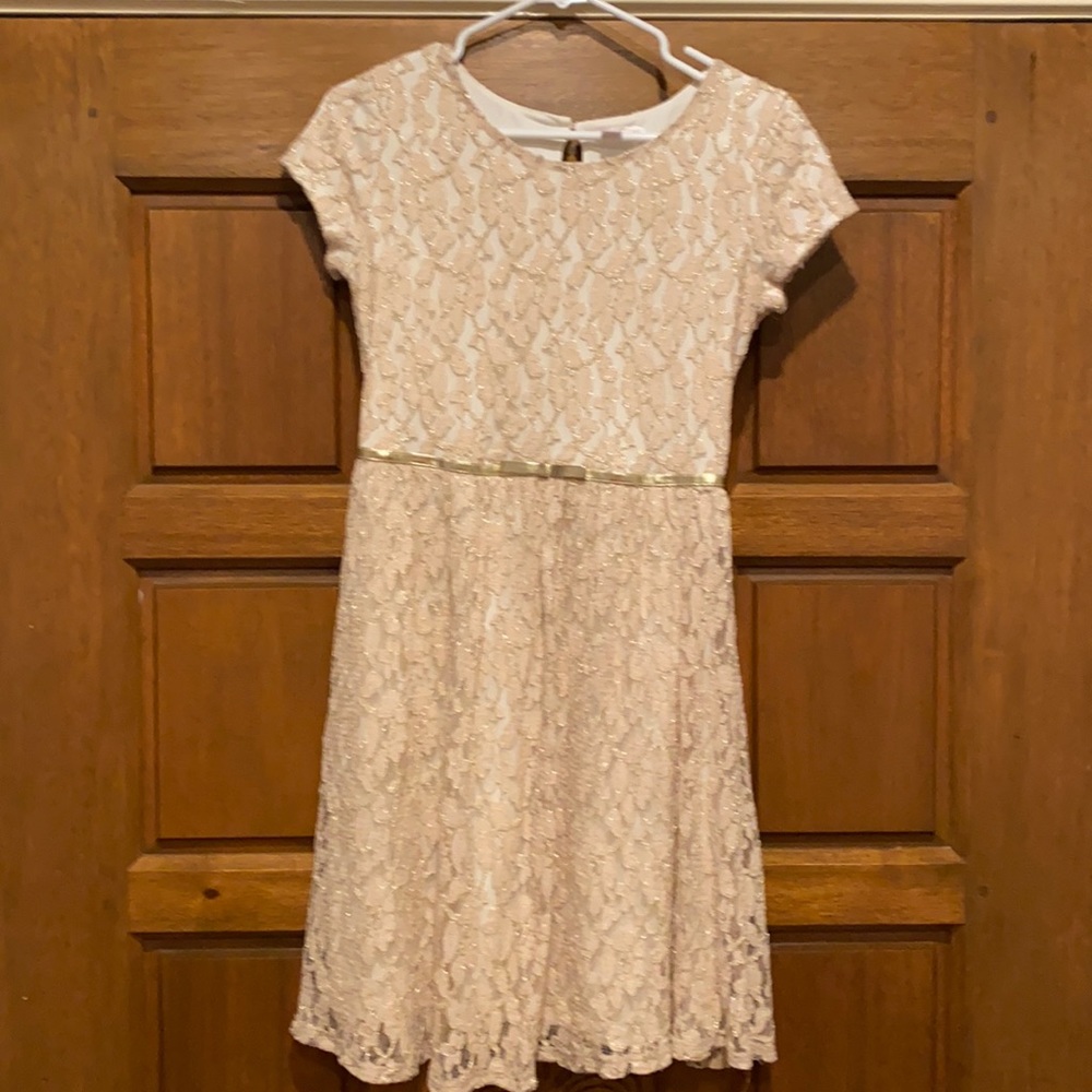 Girls cream dress with gold floral lace overlay